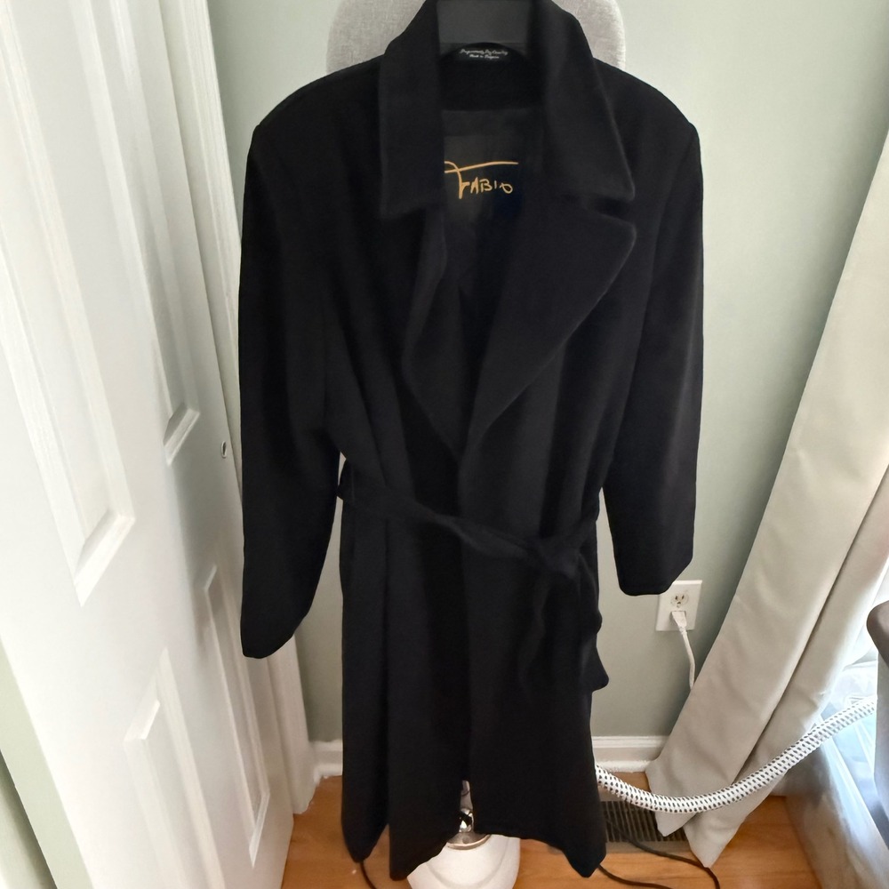 Fabio Wool Angora Cashmere Coat 16 XL Black Belted Quiet Luxury Minimalist